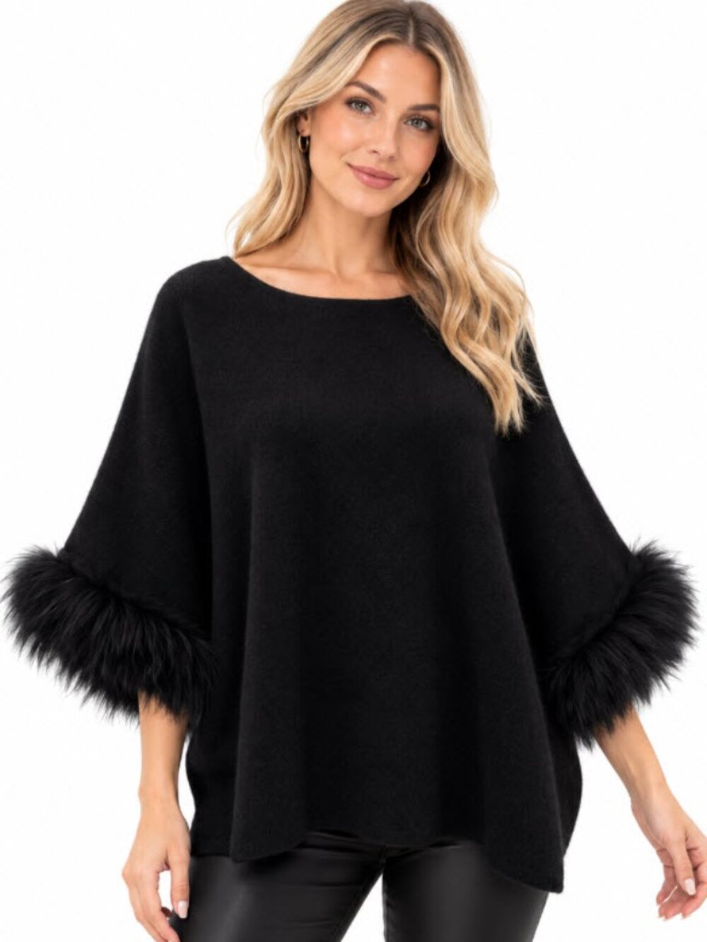 RUDSAK Black Rabbit Fox Wool Sweater Raccoon Fur Cuffs M/L Quiet Luxury Chic